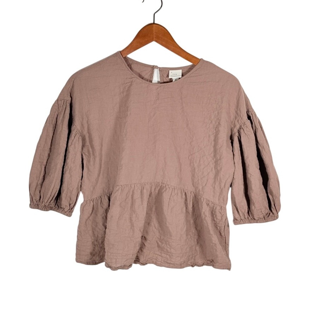 Tulip Mauve Puff Sleeve Peplum Babydoll Textured Cotton Top Sz S y2k Cottagecore